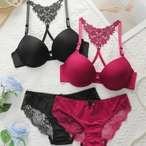 Women's Front Buckle Design Underwear Set Sexy Lace Rear Underwear Pulling Up Bra Black+Wine Red 2-piece Set A2130